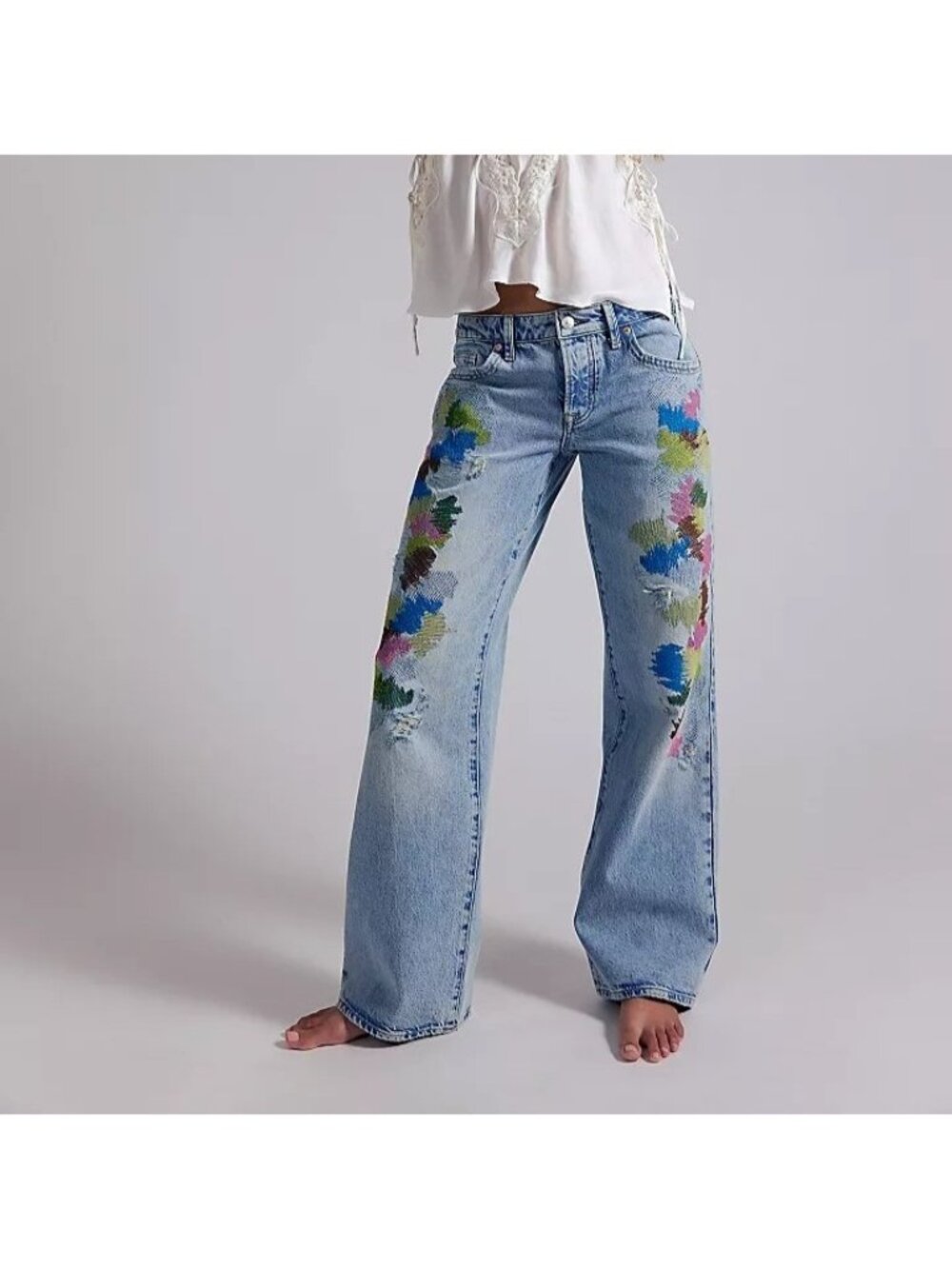 Free People Tennessee Low Rise Jeans Embroidered Hippie 90s Retro Women 26